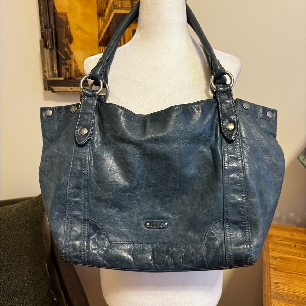 Frye Melissa Distressed Leather Hobo Shoulder Tote Bag Blue